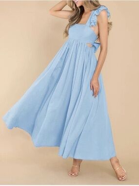 Light Blue Ruffle Strap Maxi Dress Romantic Wedding guest Fairy tale Feminine